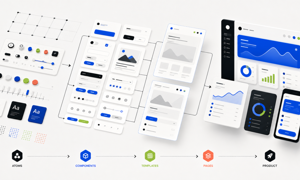 Atomic design system parts growing into complete AI-assisted UI and product screens