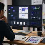 A product designer reviewing an AI-assisted design workflow with design system components, tokens, and UI screens