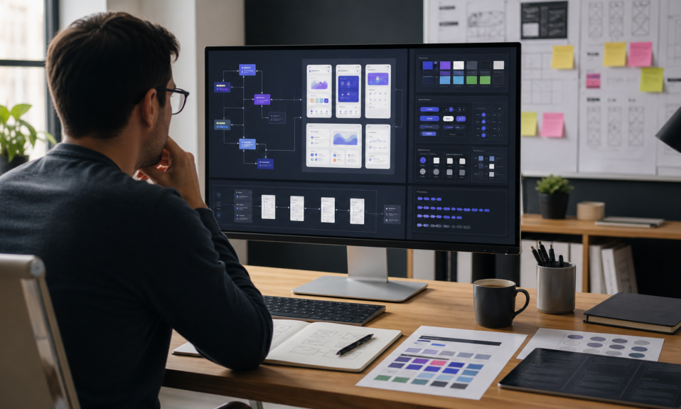 A product designer reviewing an AI-assisted design workflow with design system components, tokens, and UI screens