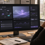 A designer reviewing an AI product interface with control, feedback, confidence, and history panels