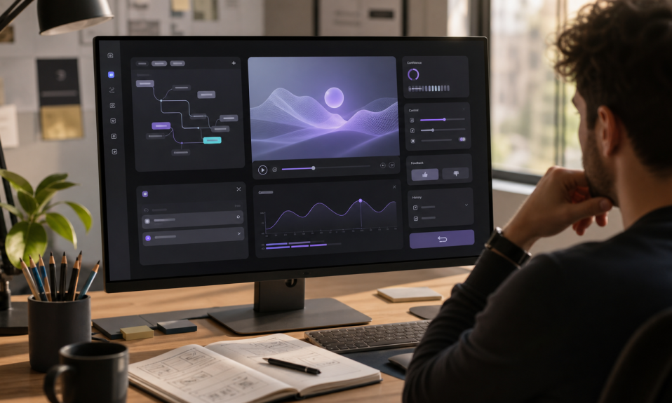 A designer reviewing an AI product interface with control, feedback, confidence, and history panels