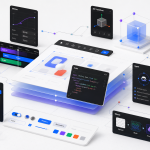 Abstract Figma canvas with AI nodes, code layers, motion timeline, shaders, and product design panels