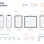 Mobile screen size reference board with phone, tablet, foldable device, viewport, and grid frames for UI design