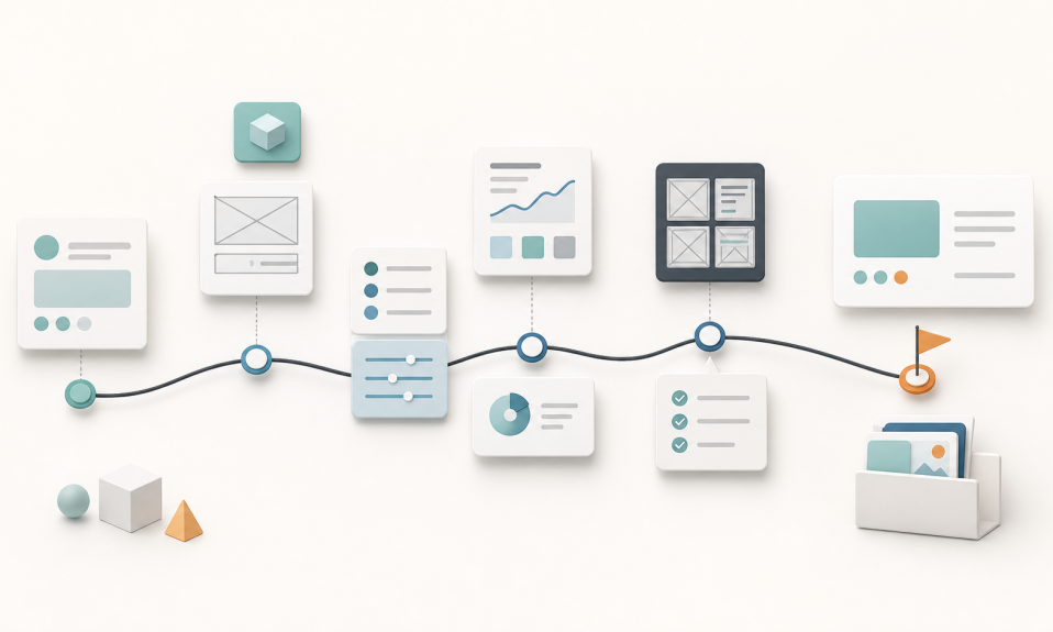 Yeni mezunlar için UI UX kariyer yol haritasını gösteren minimal arayüz kartları ve portfolio adımları