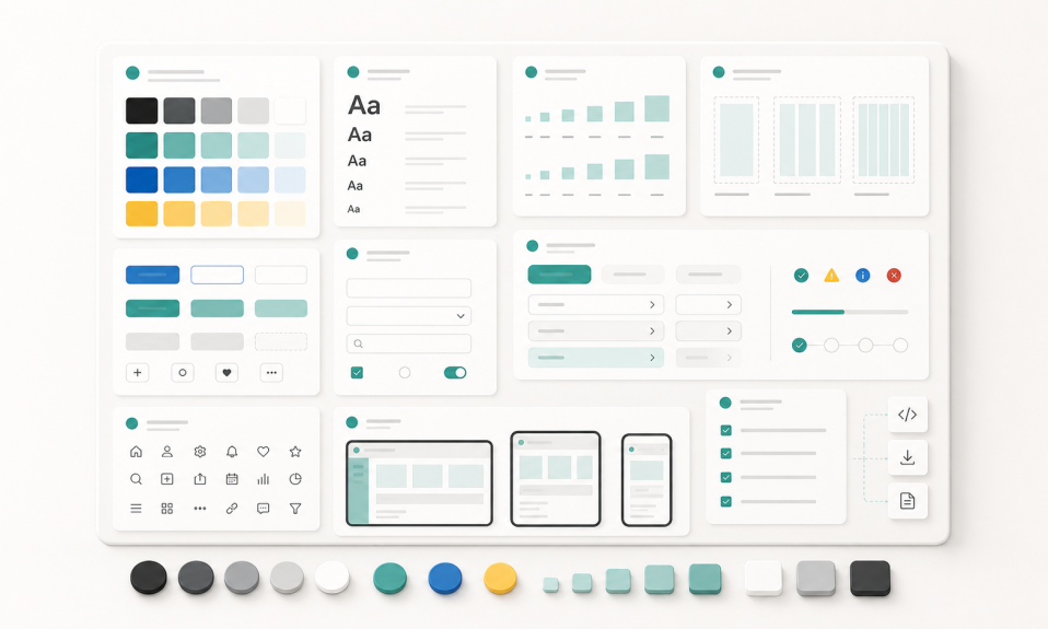 Beginner friendly design system board with color tokens typography spacing components states responsive screens and handoff checklist