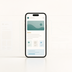 Minimal responsive UI design cover with one centered mobile screen and faint tablet and desktop layout outlines