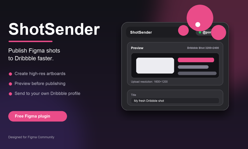 ShotSender Figma plugin preview showing a Dribbble shot publishing workflow