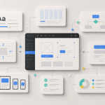 Figma benzeri bir tasarım aracı etrafında tipografi, spacing, kullanıcı akışı, component ve responsive ekran kartları