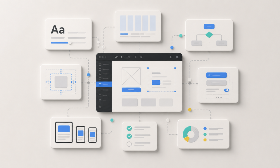 Figma benzeri bir tasarım aracı etrafında tipografi, spacing, kullanıcı akışı, component ve responsive ekran kartları