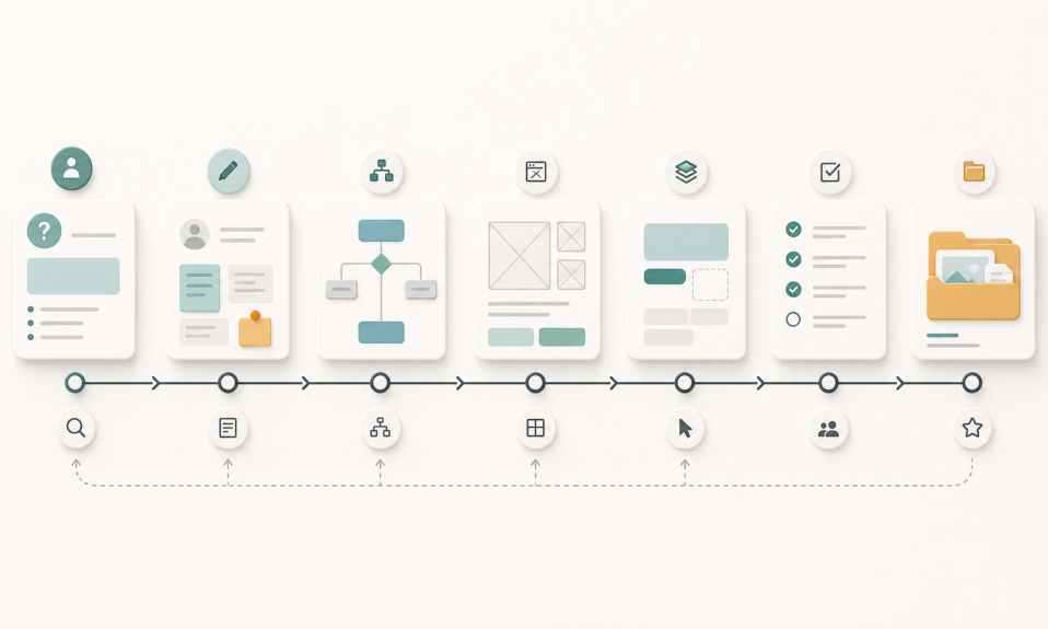 UX tasarıma yeni başlayanlar için kullanıcı problemi araştırma user flow wireframe test ve case study adımlarını gösteren minimal süreç haritası