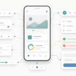 Arayüz tasarımı için mobil UI ekranı, component kartları, form alanları, buton state yapıları ve kullanıcı akışı bağlantıları