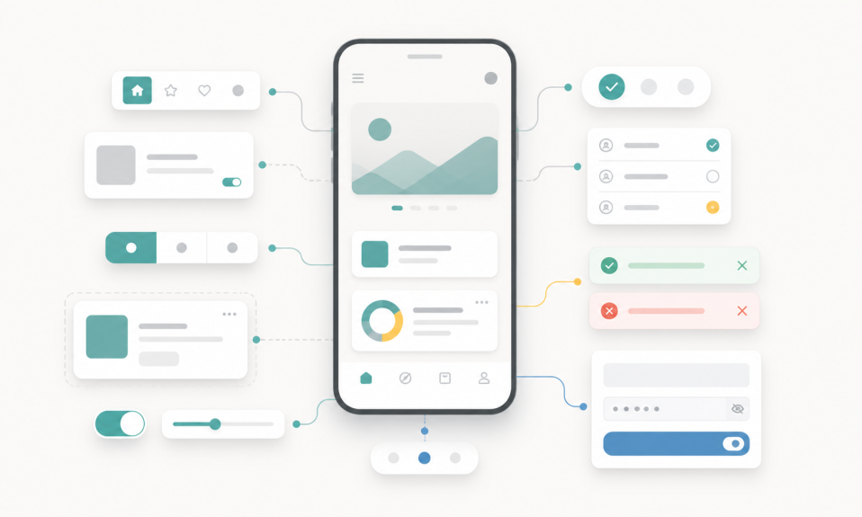 Arayüz tasarımı için mobil UI ekranı, component kartları, form alanları, buton state yapıları ve kullanıcı akışı bağlantıları
