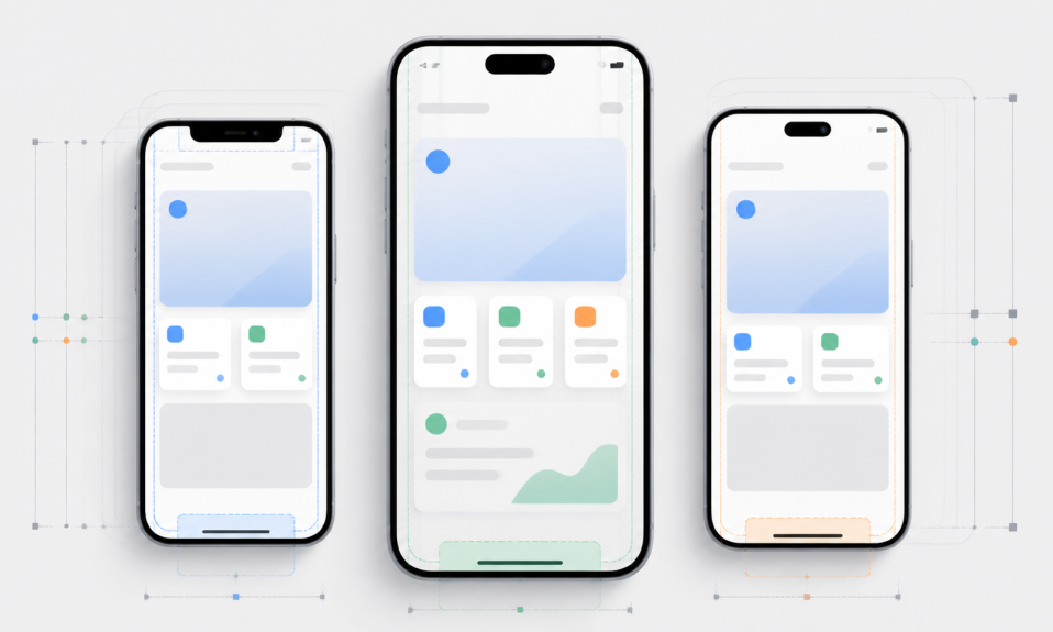 iPhone ekran boyutları için farklı telefon viewportları safe area çizgileri Dynamic Island alanı ve mobil UI kart düzenleri