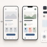 Mobil uygulama arayüz tasarımı süreci için wireframe ekranları, UI componentleri, responsive grid ve empty error success state kartları