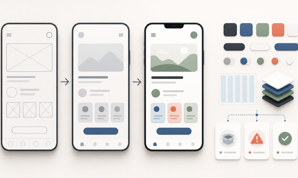 Mobil uygulama arayüz tasarımı süreci için wireframe ekranları, UI componentleri, responsive grid ve empty error success state kartları