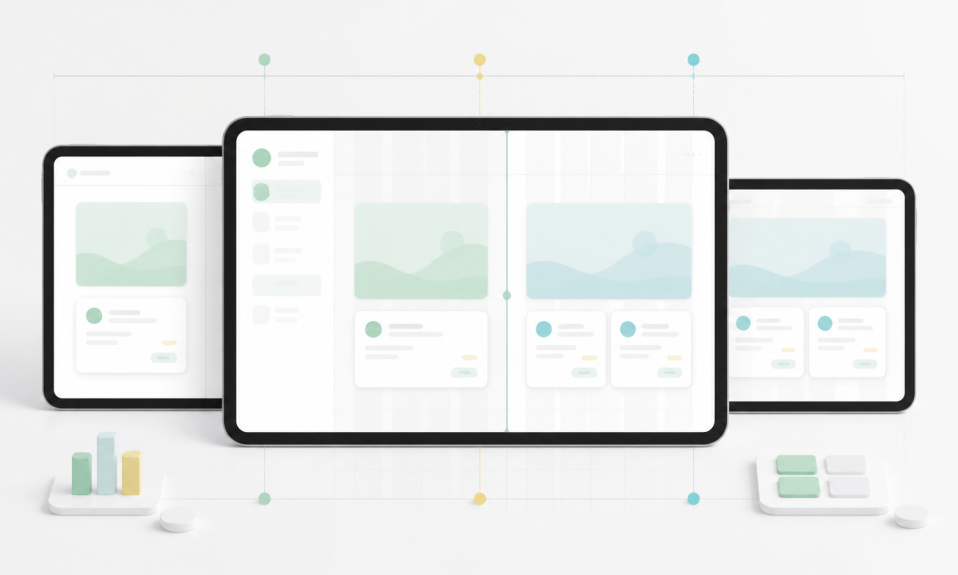 Tablet ekran boyutları için farklı tablet viewportları, responsive grid, split view panelleri ve UI tasarım breakpoint yapısı