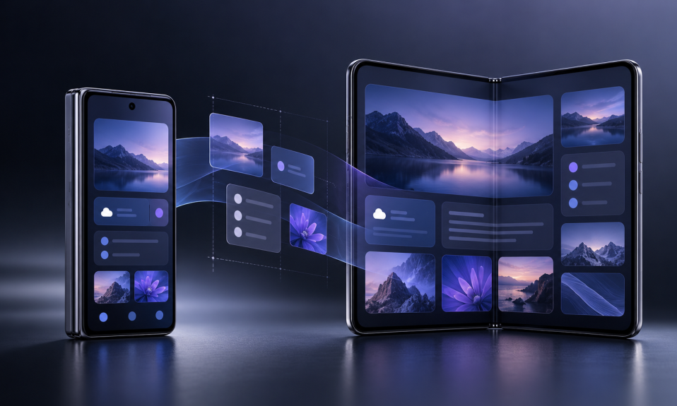Foldable phone interface adapting from a compact outer screen to a multi-pane inner display